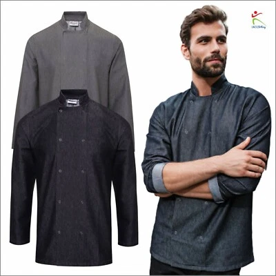Premier Herren Denim Kochjacke weich atmungsaktiv Mandarine Kragen Köche Arbeitskleidung