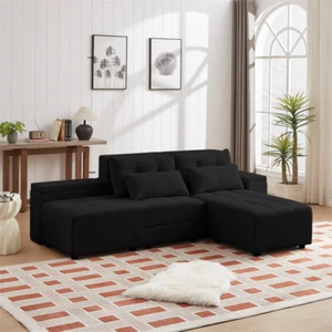 Modern Modular Sectional Sofa ,Convertible 3 in 1 Sleeper Sofa w/4 Pillows-Black - Picture 1 of 20