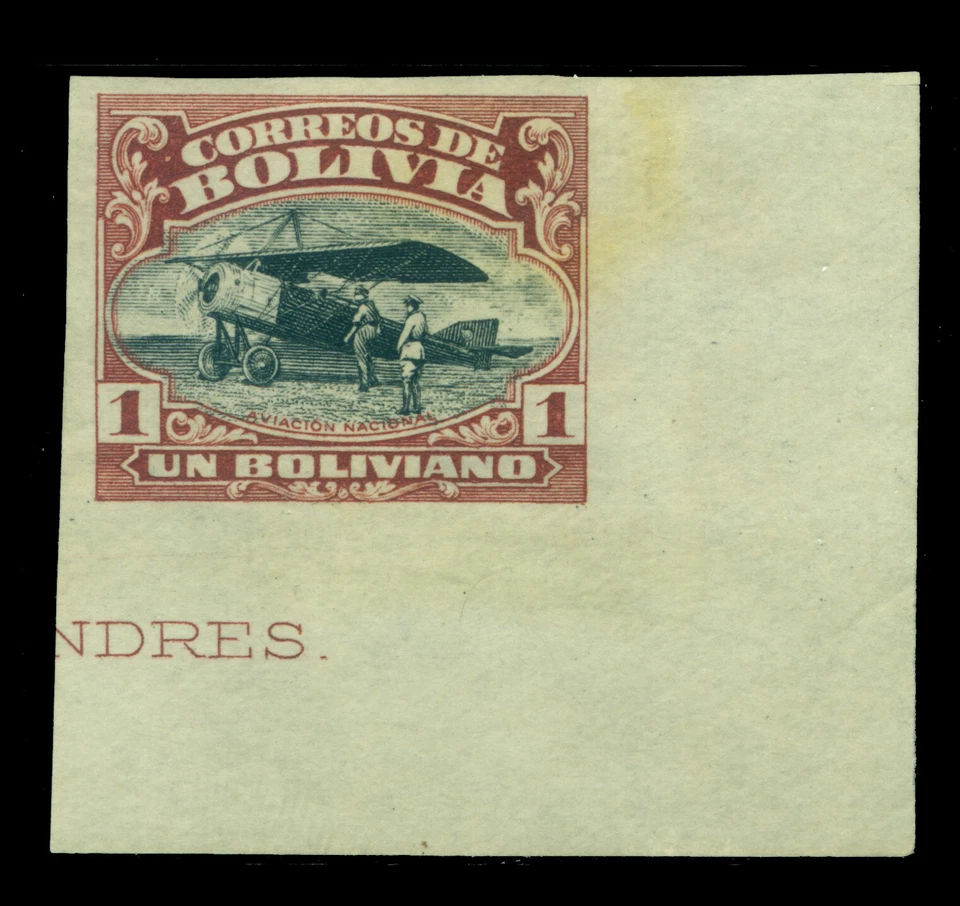 BOLIVIA 1924 Airmail - Aviation School  1b red brown Sc# C5var   IMPERFORATED - Image 1 of 2