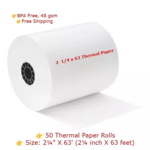 50 Rolls 2 1/4 x 63' thermal paper Credit Card & Cash Register POS Receipt Pape - Picture 1 of 3
