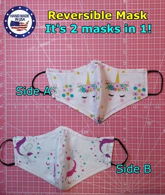 Unicorn Flowers REVERSIBLE  Unicorn Stars Hearts (Handmade Face Mask) Multi Size - Image 1 of 4
