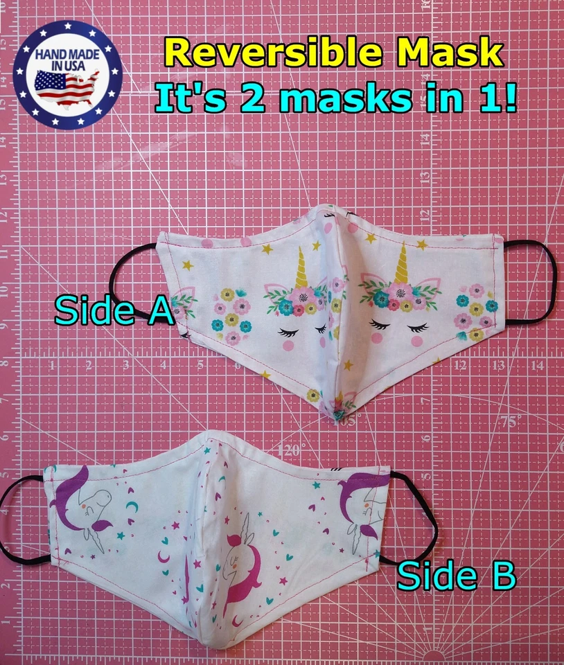 Unicorn Flowers REVERSIBLE  Unicorn Stars Hearts (Handmade Face Mask) Multi Size - Image 1 of 4