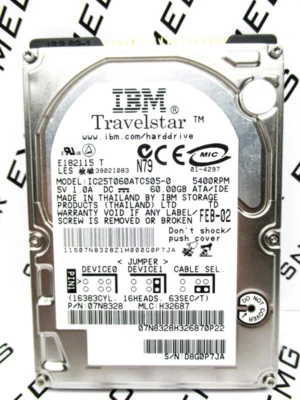 IBM 60GB TravelStar IC25T060ATCS05 IDE 07N8328 Hard Drive H32687 WIPED & TESTED! - Image 1 of 2