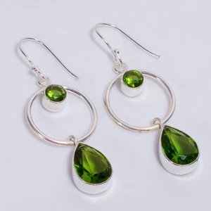 Green Peridot Gemstone Ethnic Jewelry 925 Sterling Silver Earrings 2.2" f215 - Picture 1 of 5