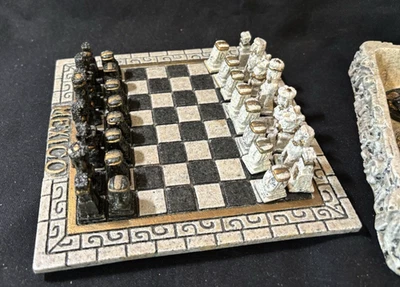 VTG Mexico Chess Set Box Mayan/Aztec Art Mexican Craft Black/White Resin 7" - Image 1 of 4