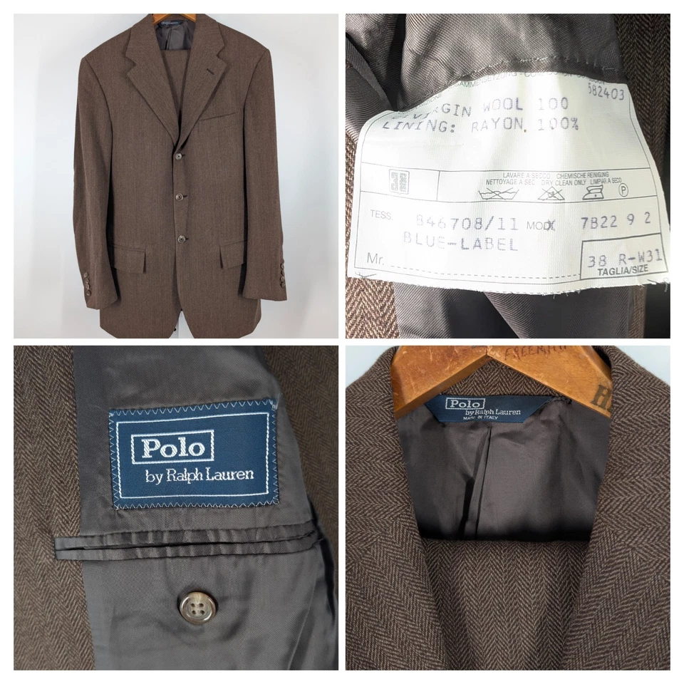 Polo Ralph Lauren Herringbone Brown 2 Piece Suit 38 Blazer 31 Pants Italy Tailor - Image 1 of 4