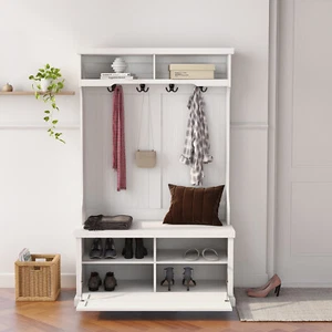 Entryway hall tree with coat rack 4 hooks and storage bench shoe cabinet New US - Picture 1 of 6