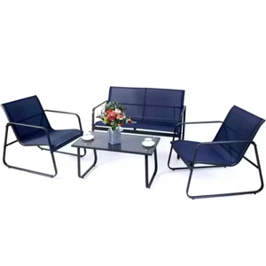 Gray 4-Piece Metal Patio Conversation Set with Blue Breathable Textilence Seatin - Picture 1 of 12