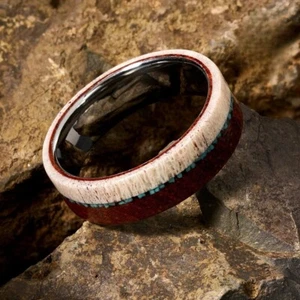 8MM Antler Red Wood Men's Women Classic Tungsten Carbide Ring Wedding Band Ring - Picture 1 of 4