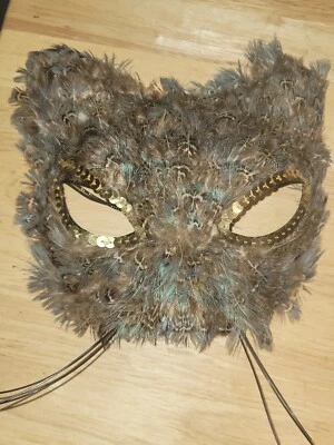Masquerade Mask Feather Cat Anim Mardi Gras Mask Browns w/blue highlights Half  - Image 1 of 4