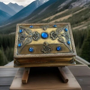 ANTIGUA FILIGRANA LATÓN ZAFIRO JOYERÍA CON JOYAS CAJA DE PERLAS LA AUSCA - Imagen 1 de 7