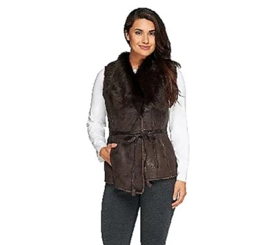 Dennis Basso Small Chocolate brown Faux Fur Faux Suede Draped Collar Vest - Image 1 of 4