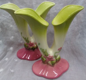Vtg Estate Find ~ Lot/2 HULL Pottery WOODLAND Double Floral Vase Set W15 - 9" H - Picture 1 of 15