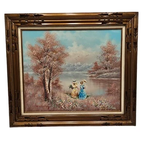Vintage T.Marius Signed Lakeside Meadow Oil On Canvas Custom Wood Frame 32x28 - Picture 1 of 3