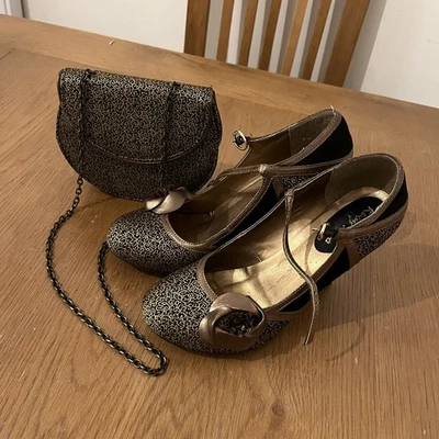 Ruby Shoo Gold Brown/Black Strappy Shoes Heels Matching Handbag Bag UK 6 39 - Image 1 of 4