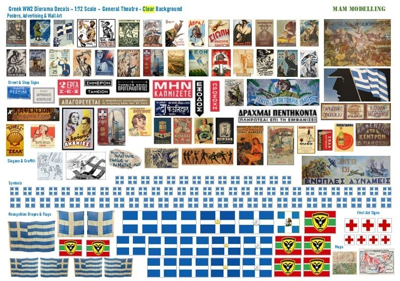 1:72 Scale Greek WW2 Diorama Decals (Posters, Street Signs, Flags) - Image 1 of 1