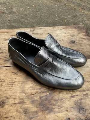 Mocasines M. Gemi Sacca Donna $348 Talla 36.5 EE. UU. 6.5 Plateado Metálico Cuero Zapatos Foto 1 de 4