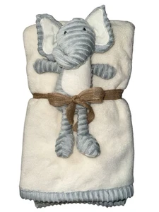 Chick Pea Baby Blanket Set Elephant Plush Lovey White Gray Ribbed Trim 30 x 36 - Picture 1 of 2