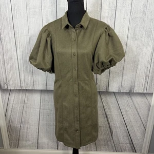 THML Women's Large Olive Green Puff Sleeve Suede Button Up Dress - Picture 1 of 8