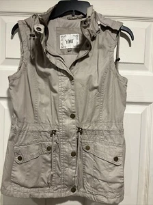 YMI Hooded Utility Cargo Vest Khaki Zipper Snap Hooded S - Picture 1 of 3