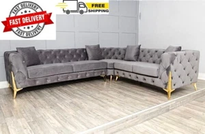 Corner Sofa Chesterfield Couch Upholstered Velvet Plush Grey RRP £1,699.99 - Picture 1 of 6