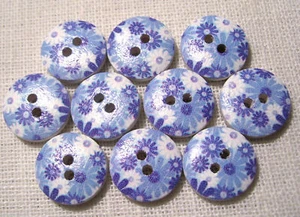 15/103 - BOUTON BOIS ROND ** 15 mm ** Qté x6 ou x10 - FLEURS Ton Bleu - Picture 1 of 1