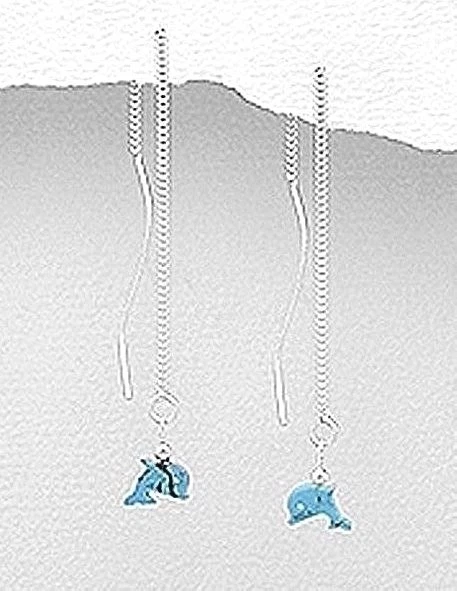 NEW 925 Sterling Silver Genuine Turquoise Dolphin Threader Earrings Pull Through - Image 1 of 1