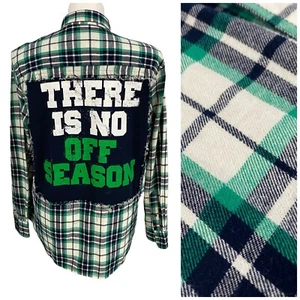 Upcycled Flannel Shirt Women XL Shacket NFL Green Plaid Football Tailgate Grunge - Picture 1 of 19