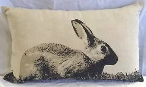 Victorian Trading Bunny Rabbit in Field Black & Natural Linen Throw Pillow 39a - Picture 1 of 2