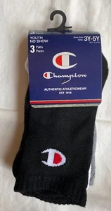 CHAMPION Youth BOYS No Show SOCKS (3Y - 5Y) 3 Pair BLACK WHITE New ~ FREE SHIP! - Picture 1 of 4