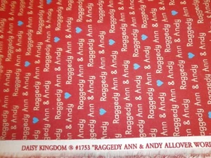 RAGGEDY ANN & ANDY ALLOVER WORDS RED COTTON FABRIC 44" WIDE X 43" LONG - Picture 1 of 3