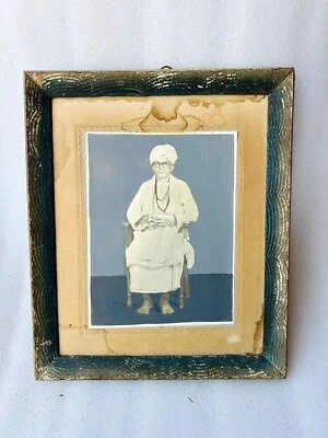 Vintage Indian Wooden Frame Old Man Hindu Saint Black And White Print - Image 1 of 2