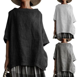 Womens Half Sleeve Kaftan Blouse Baggy T-shirts Linen Loose Tunic Plain Tops - Picture 1 of 8