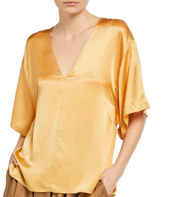 Vince Camuto Silk Blouse Gold Double V-Neck 1/2 Sleeve Size L - Image 1 of 4