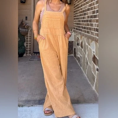 Very J Camel Mustard Gauze Textured Overall Pocket Jumpsuit NEW Size M Boho Fall - Image 1 of 4