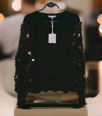 Nuevo con etiquetas Suéter Acanalado Sioni Milano Lentejuelas Transparentes Bordadas Mangas Para Mujer L Negro Foto 1 de 4