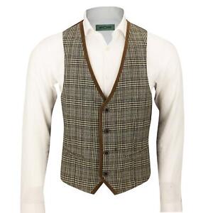 RUBEN - Mens V-Neck Tweed Herringbone Check Velvet Trim Tailored Fit Waistcoat 