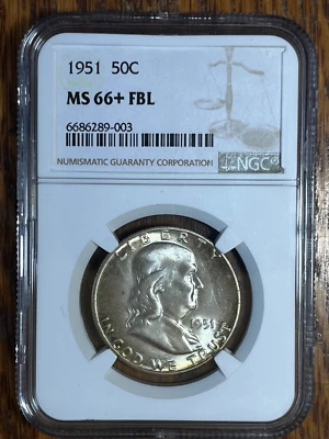 1951 NGC MS66+FBL Franklin Half Dollar 50C, PCGS $1,050 - Image 1 of 4