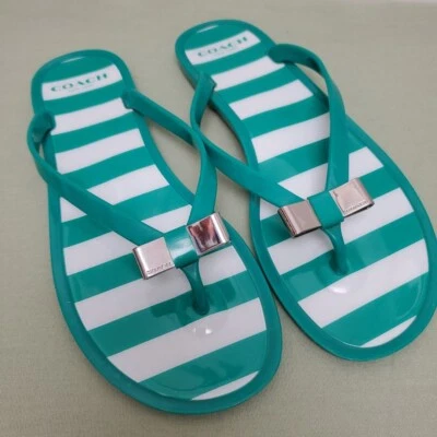 Coach Landon Flip Flops Jelly Thong Sandals Green Stripes Metal Bow - Size 6B - Image 1 of 4