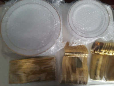 Placas de plástico blanco N9R 125 piezas con borde dorado y plástico dorado desechable plateado... Foto 1 de 4