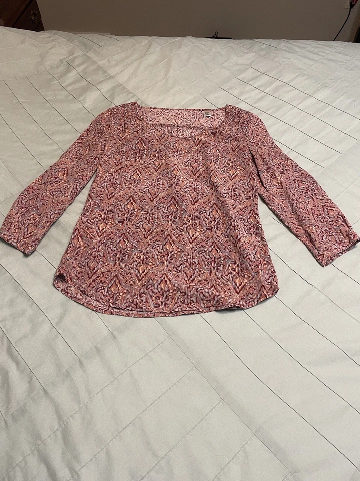 Blusa MAX STUDIO 100% Seda Rosa Púrpura Rojo Estampada Manga 3/4 Talla XS Foto 1 de 4