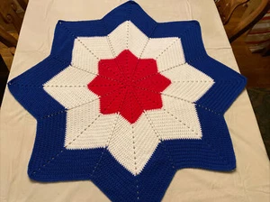 Hand Made Crochet Knitted Red White Blue Star Afghan Blanket Throw 42” - Picture 1 of 6