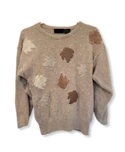 Uno & Una Sweater VINTAGE Tan Long Sleeve Silk Angora Wool Leather Pearl Size M - Picture 1 of 4