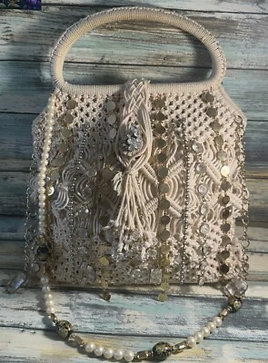 Cartera de mano reciclada de macramé vintage con bisutería ÚNICA EN SU CLASE decoración Foto 1 de 4