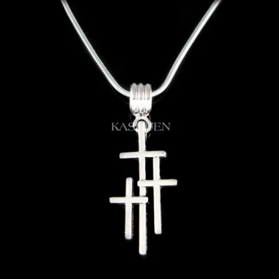 Triple Cross 3 Crosses God Lord Jesus Christ Religious Jewelry Charm Necklace - Image 1 of 4