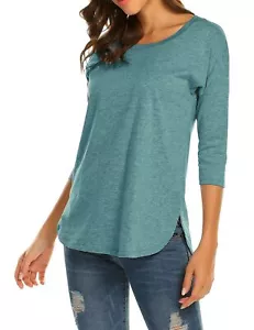 Summer Tops for Women 3/4 Sleeve Cotton Loose Fit Casual Shirts Blue Large - Picture 1 of 7