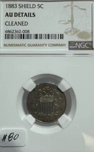 1883 SHIELD NICKEL 5C AU DETAILS CLEANED NGC 008 - Picture 1 of 4