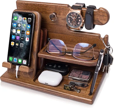 Wood Phone Docking Station for Men -  Accessories & Workspace Organizer Beige - Image 1 of 4
