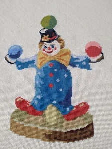Vtg. Handmade Needlepoint Smiling Juggling Clown Unframed Wall Art 17" x 18.5" - Picture 1 of 12