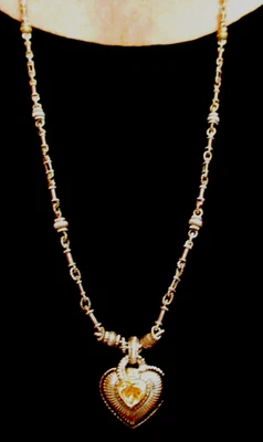 Judith Ripka SS & 18K Gold Canary Quartz Heart w Diamonds Pendant 34" Necklace - Image 1 of 4